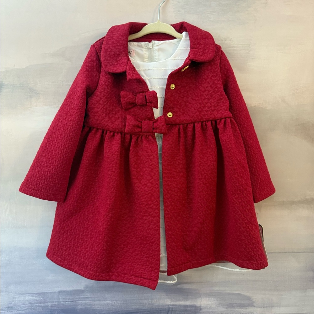 Toddler Girls Cream Dress and Red Coat Set with Bow Accents- two piece set